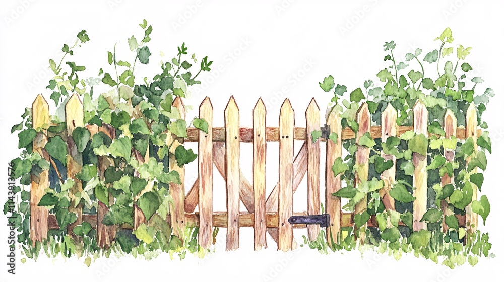 Obraz premium A charming wooden picket fence adorned with lush green vines, evoking a serene and inviting garden atmosphere.