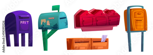 Post and letterbox collection with pedestal mailbox, rural box on wooden pole, red triple compartment unit, orange wall mount slots and standing postal container. Urban communication infrastructure.