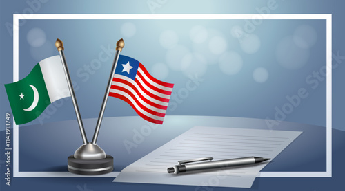 Pakistan and Liberia National flags on small table with bokeh background, cooperative relationship