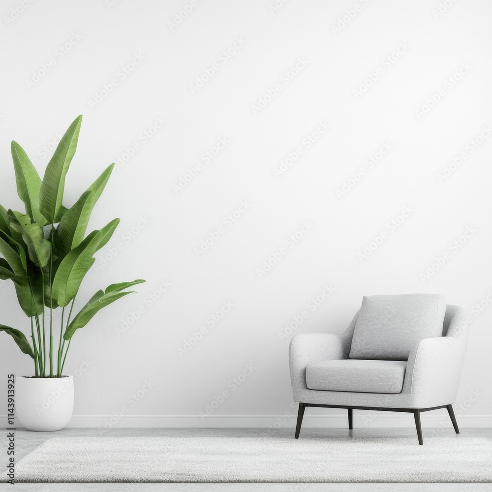 Modern Living Room Interior with Green Potted Plant and Minimalist Chair on Soft Carpet Against White Wall for Contemporary Home Decoration and Relaxation Modern Living Room Interior with Green Potted Plant and Minimalist Chair on Soft Carpet Against White Wall for Contemporary Home Decoration and Relaxation