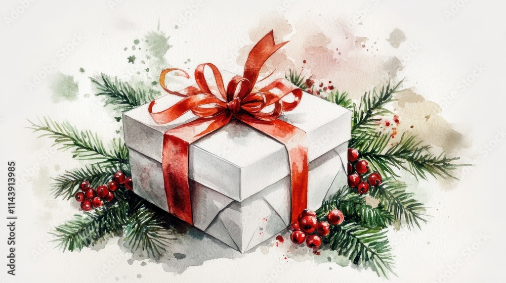 Watercolor painting of a white gift box with a red ribbon and bow, surrounded by pine branches and berries. Watercolor painting of a white gift box with a red ribbon and bow, surrounded by pine branches and berries.