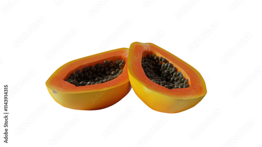 Freshly Cut Papaya Displaying Its Vibrant Seeds and Juicy Flesh for Culinary and Nutritional Uses. Freshly Cut Papaya Displaying Its Vibrant Seeds and Juicy Flesh for Culinary and Nutritional Uses.