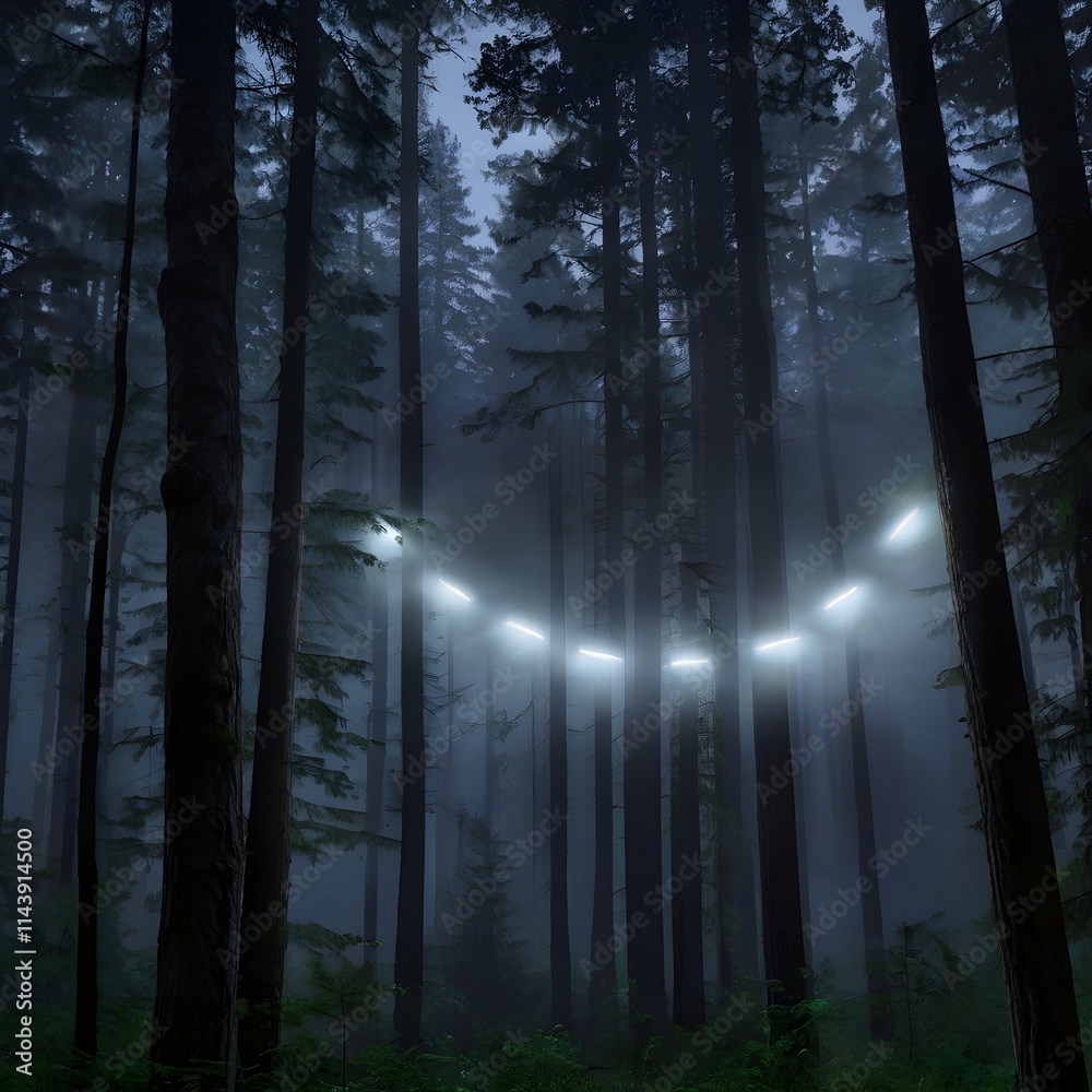 Fototapeta premium Mysterious UFOs in formation flying above a dense forest, their lights piercing through a thin layer of mist under a twilight sky,Generative Ai 