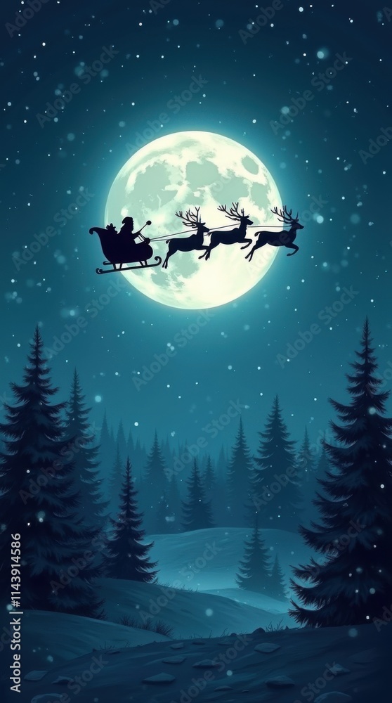 Naklejka premium Santa Claus and Reindeer Silhouette against a Full Moon