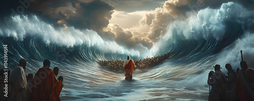 Moses separate the sea in exodus. Israelites crossing the red sea. Biblical and religion illustration. Happy Passover, Pesah