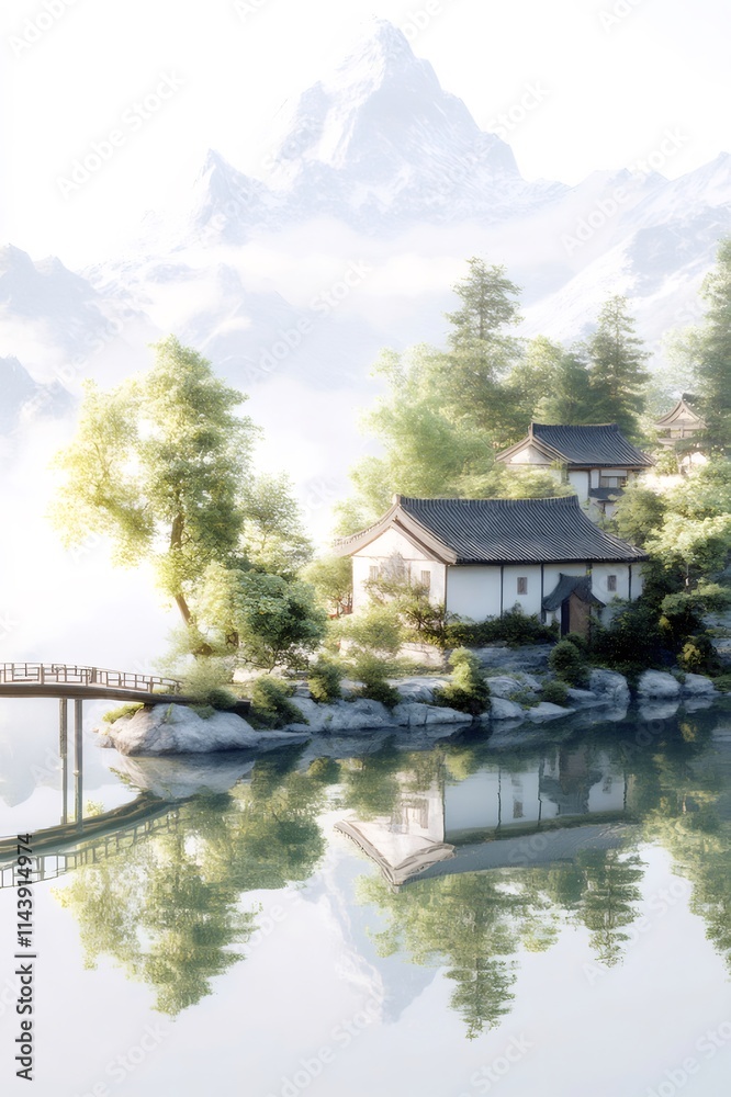 Serene lakeside village nestled in misty mountains. Serene lakeside village nestled in misty mountains.