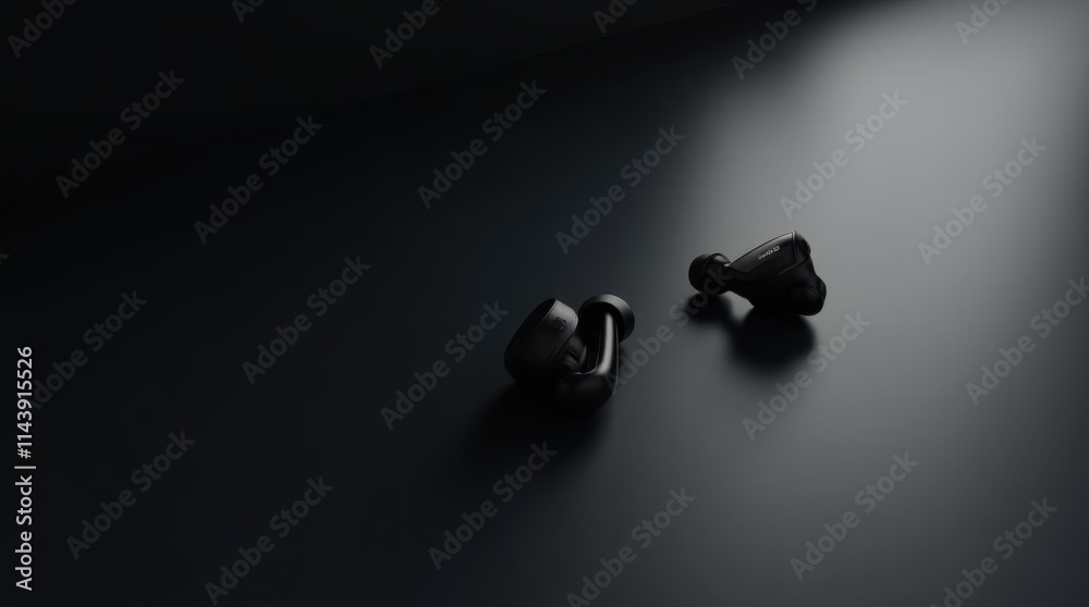 Sleek Wireless Earbuds on Reflective Black Surface Sleek Wireless Earbuds on Reflective Black Surface