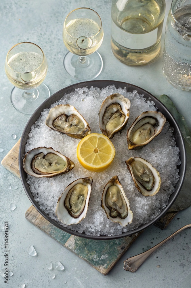 Fresh oysters served on a bed of ice with a lemon wedge, paired with glasses of white wine on a light textured background. A luxurious and gourmet seafood experience. Fresh oysters served on a bed of ice with a lemon wedge, paired with glasses of white wine on a light textured background. A luxurious and gourmet seafood experience.