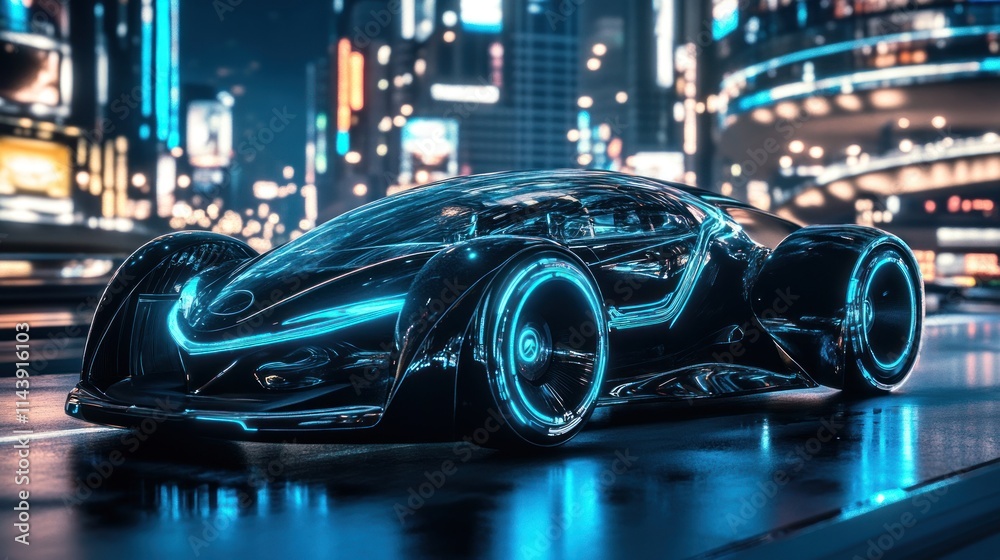 Fototapeta premium Futuristic black electric car on city street at night.