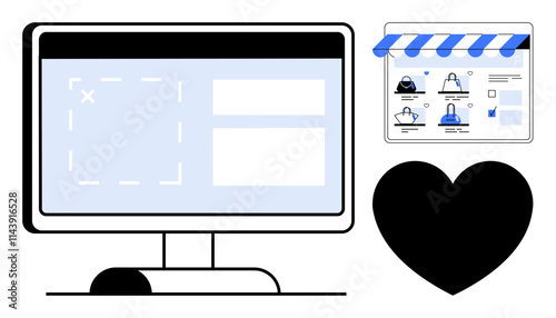 Desktop screen displaying website layout, online storefront with items under blue canopy, and black heart. Ideal for web design, e-commerce, online retail, customer feedback, digital marketing, user