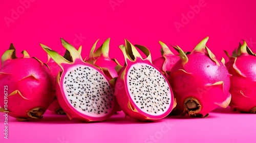 Close up of halved dragon fruit with vibrant pink skin and white dotted flesh against a bold neon pink background capturing the exotic tropical and healthy nature of this superfruit photo