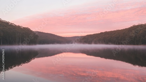 Serene Pink Sunrise Over Misty Lake and Forest