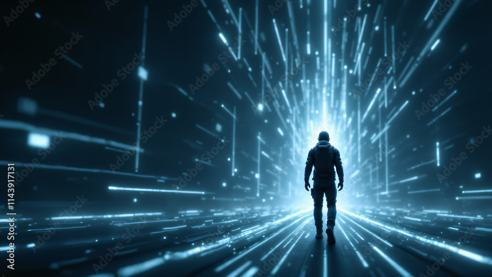 A lone astronaut walks through a vibrant, light-filled tunnel in a futuristic setting. A lone astronaut walks through a vibrant, light-filled tunnel in a futuristic setting.