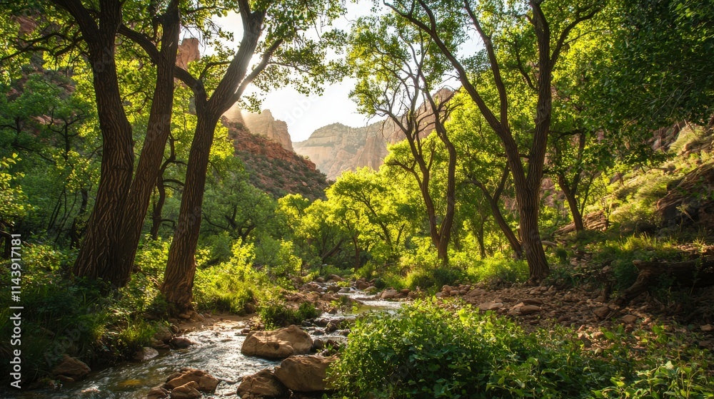 Naklejka premium Tranquil stream flowing through lush valley nature landscape peaceful environment serene viewpoint for relaxation