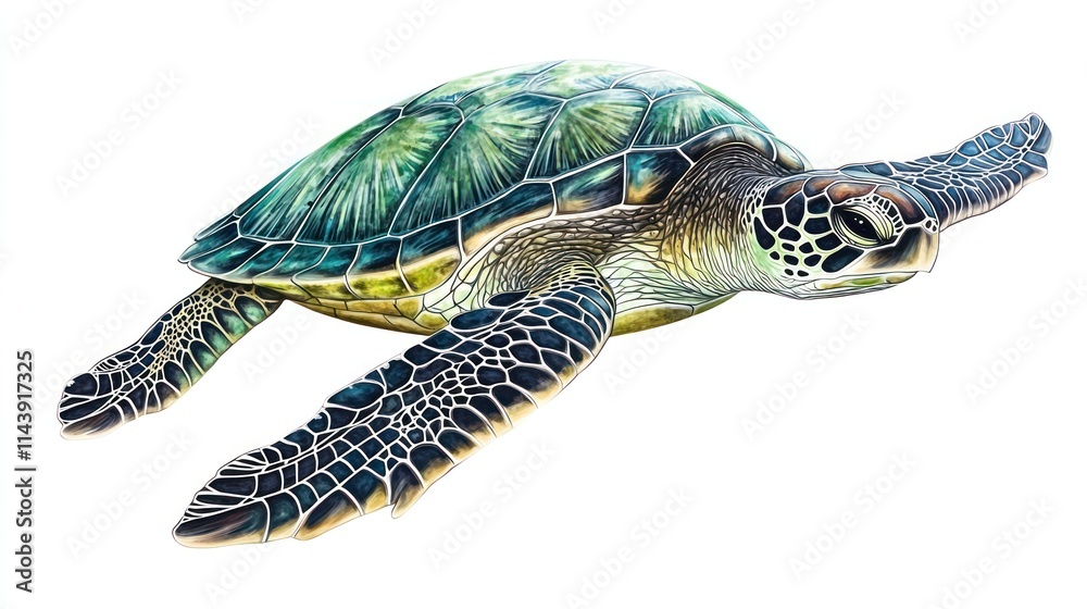 Fototapeta premium Green sea turtle swimming, isolated on white background.