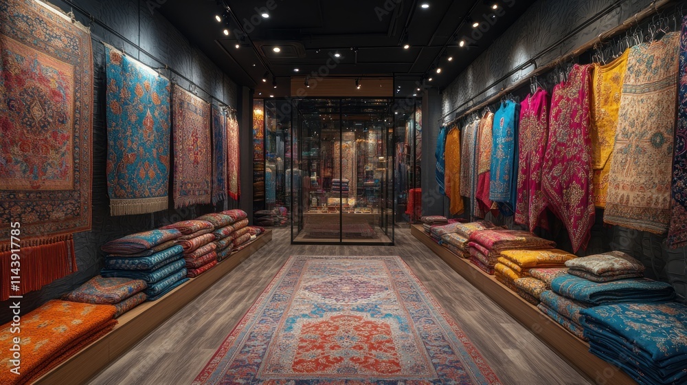 Colorful rugs and textiles displayed in a modern showroom.