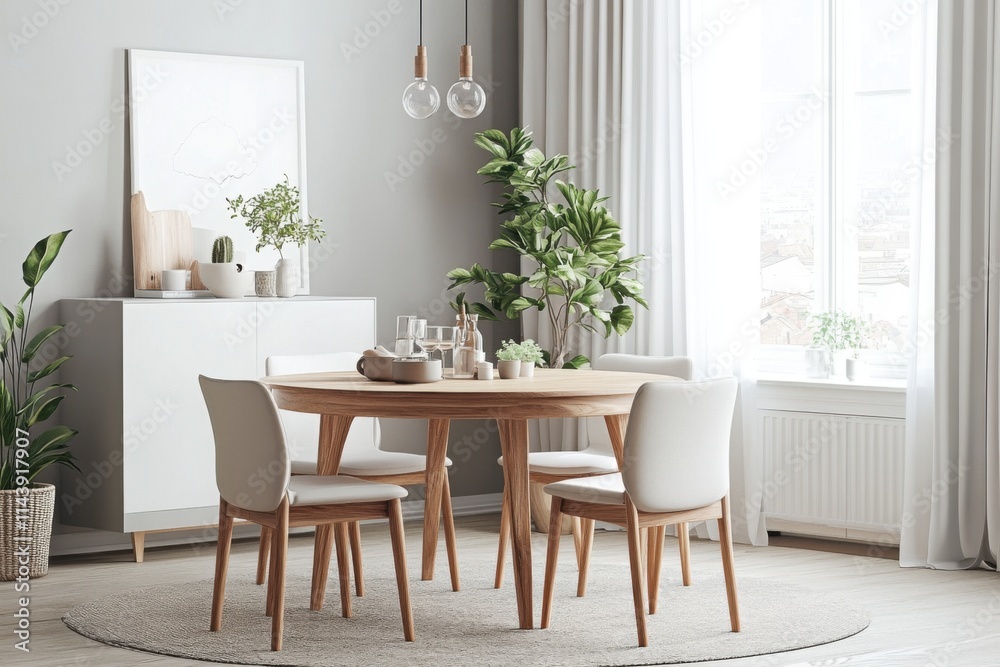 Modern dining area featuring a round wooden table and stylish chairs in a bright room with plants