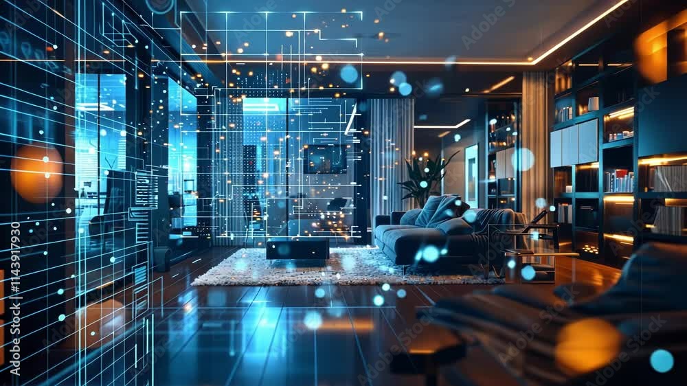 Futuristic user interface controlling smart home devices in a modern apartment, showcasing innovative technology and automation for enhanced living