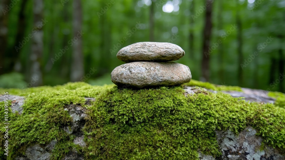 Zen Stones in a Mossy Forest: A serene scene of two carefully balanced stones perched atop a mossy rock, capturing the essence of tranquility amidst the verdant depths of a forest. Zen Stones in a Mossy Forest: A serene scene of two carefully balanced stones perched atop a mossy rock, capturing the essence of tranquility amidst the verdant depths of a forest.
