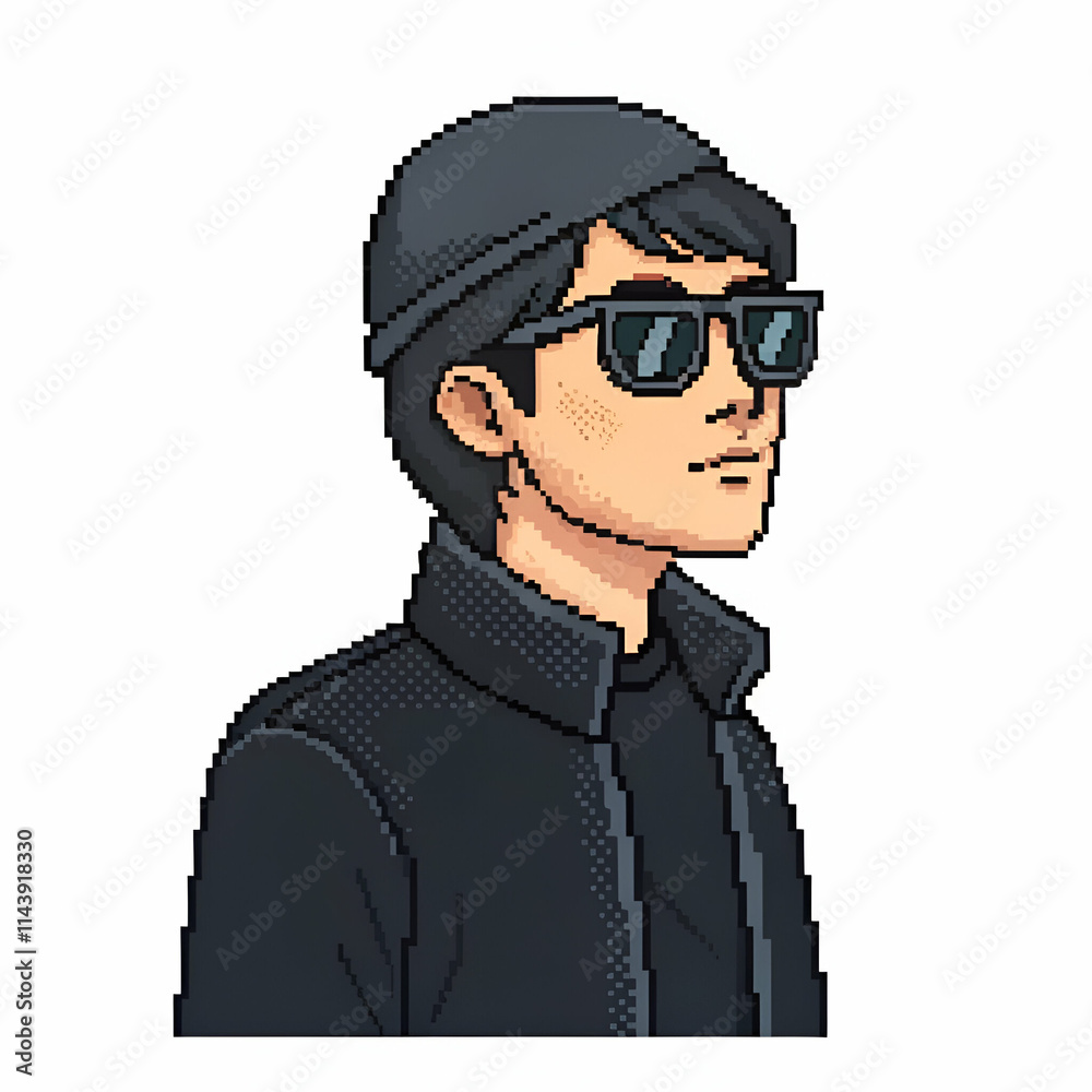 Cool pixel art character wearing sunglasses and a black outfit, showcasing modern style, set against a white background Cool pixel art character wearing sunglasses and a black outfit, showcasing modern style, set against a white background