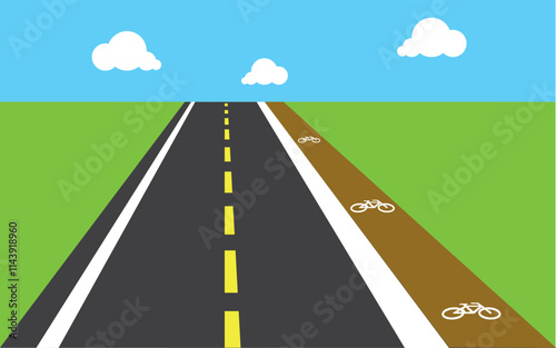 Straight empty road through the countryside with bike lane. Summer landscape vector illustration.
