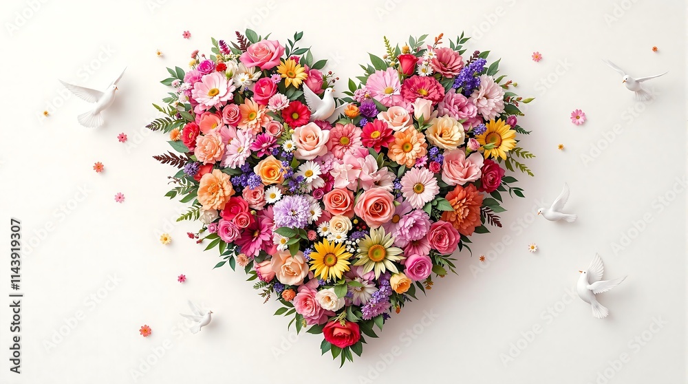 A heart-shaped arrangement of colorful flowers with white doves flying around it A heart-shaped arrangement of colorful flowers with white doves flying around it