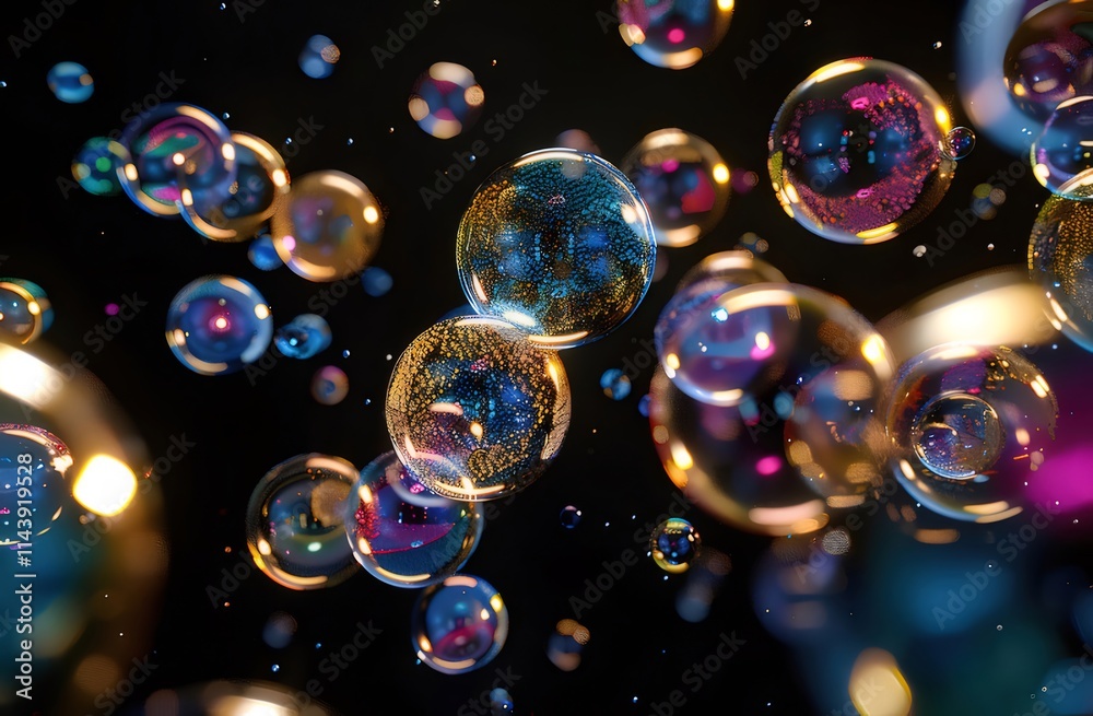 Colorful iridescent bubbles floating in dark space. Colorful iridescent bubbles floating in dark space.