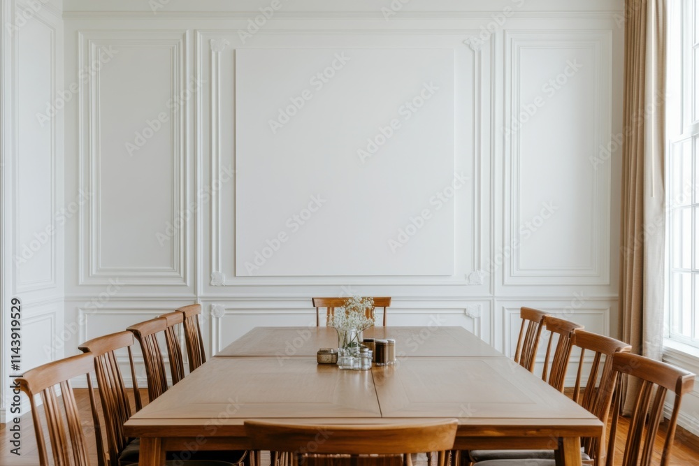 Modern conference room with wooden furniture and minimalistic decor in a spacious setting Modern conference room with wooden furniture and minimalistic decor in a spacious setting