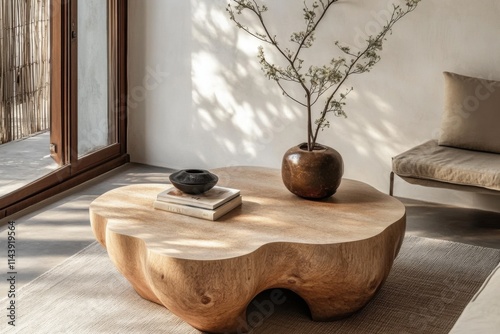 Coffee table made of natural wood with decorative vase and plant in a modern living room interior