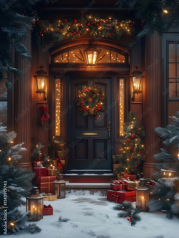 Festive Christmas home entrance with gifts, wreath, lights, and snow. Festive Christmas home entrance with gifts, wreath, lights, and snow.