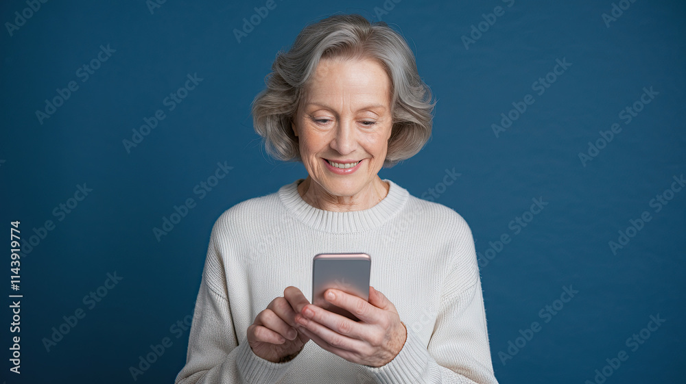 Elderly woman with short wavy hair, wearing a light-colored sweater, smiling as she looks at a smartphone in her hands. The solid blue background highlights her cheerful expression Elderly woman with short wavy hair, wearing a light-colored sweater, smiling as she looks at a smartphone in her hands. The solid blue background highlights her cheerful expression