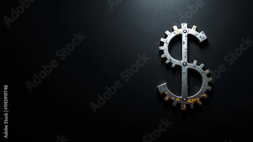 A metallic dollar sign shaped like a gear, set against a dark background.