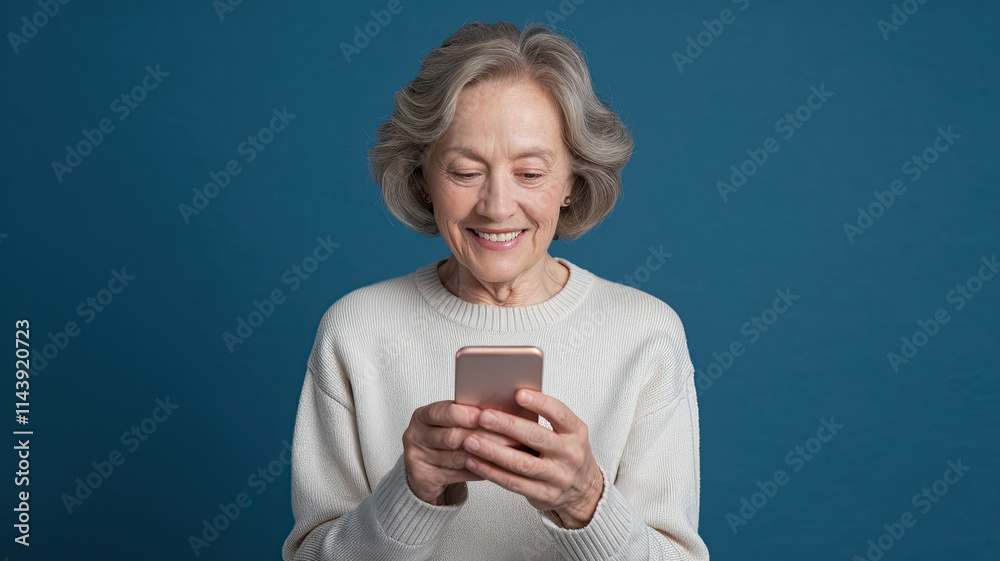Elderly woman with short wavy hair, wearing a light-colored sweater, smiling as she looks at a smartphone in her hands. The solid blue background highlights her cheerful expression Elderly woman with short wavy hair, wearing a light-colored sweater, smiling as she looks at a smartphone in her hands. The solid blue background highlights her cheerful expression