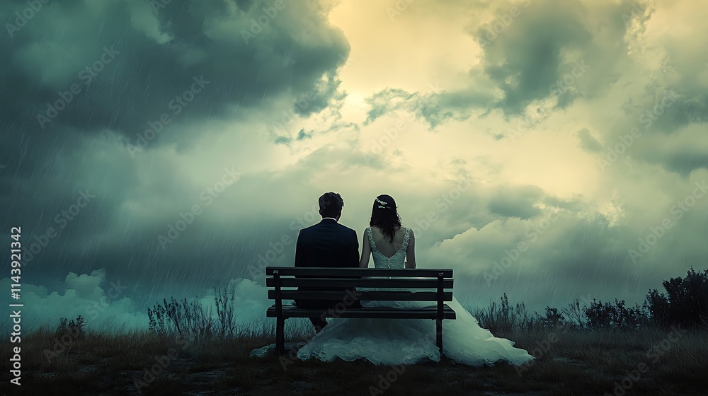 Bride and groom sitting on a bench, overlooking a dramatic stormy sky. Bride and groom sitting on a bench, overlooking a dramatic stormy sky.