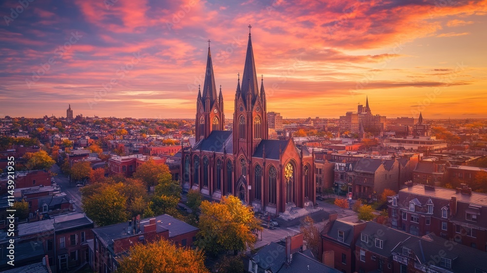 Majestic gothic church at vibrant sunset over autumnal city. Majestic gothic church at vibrant sunset over autumnal city.