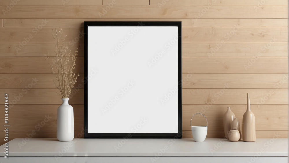 Blank Frame With Decor On Wooden Wall Blank Frame With Decor On Wooden Wall