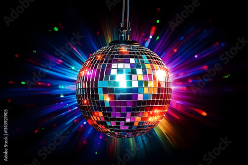 Disco or mirror ball with rainbow on colorful dark background with lights and sparcles. Music and dance party background. Trendy party symbol. Abstract retro 80s and 90s concept photo