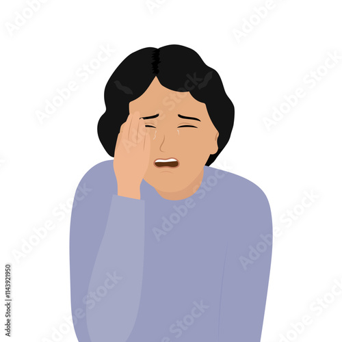 Unhappy young woman crying suffering from depression or loneliness. Upset female distressed with solitude or breakup. Vector illustration.