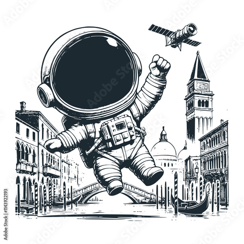 The astronaut visiting venice . Black white vector icon and logo illustration