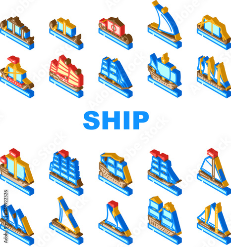 ancient ship maritime vessel icons set vector. navigation exploration, trade discovery, seafaring, shipwreck, galleon, trireme ancient ship maritime vessel isometric sign illustrations