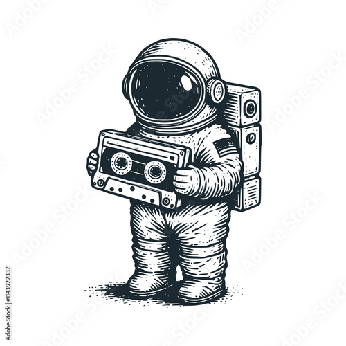 The astronaut hold a vintage casette . Black white vector icon and logo illustration