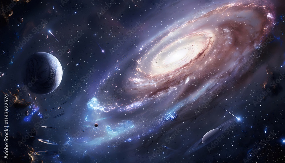 Spiral galaxy with planets, stars, and nebulae in space. Spiral galaxy with planets, stars, and nebulae in space.