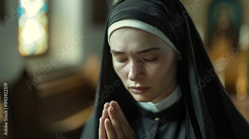 A Depressed Nun Praying in the Church, Her Face Reflecting Sadness and Anxiety in a Moment of Deep Reflection