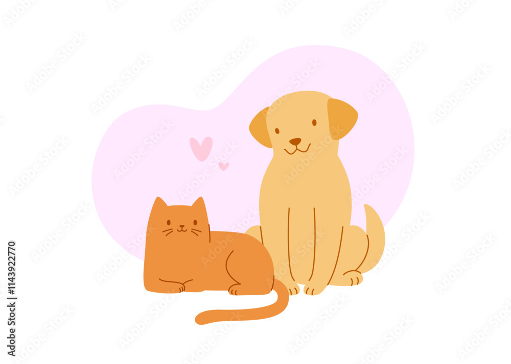 Cat and dog friends flat illustration. Cute vector pets in harmony. Friendship between dog and cat Cat and dog friends flat illustration. Cute vector pets in harmony. Friendship between dog and cat
