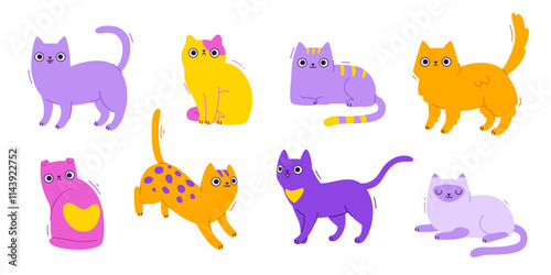 Cartoon cats collection. Comic vector kittens set. Bright isolated cats bundle.