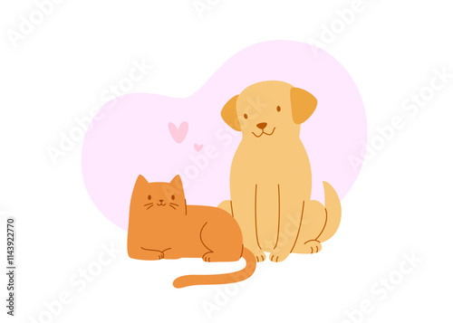 Cat and dog friends flat illustration. Cute vector pets in harmony. Friendship between dog and cat
