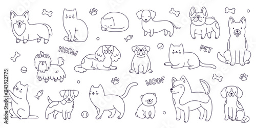 Outline pets collection. Vector cat and dogs sketch set. Cute doodle pets bundle.