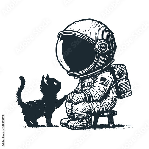 The cute astronaut hug a black cat . Black white vector icon and logo illustration