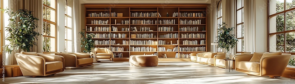 Cozy Hospital Library with Wooden Shelves and Ambient Lighting Cozy Hospital Library with Wooden Shelves and Ambient Lighting