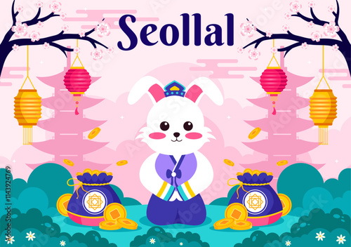 Happy Seollal Translation Korean New Year Vector Illustration Featuring the Year of the Wood Rabbit and Gold Coins for the 29 January Celebration